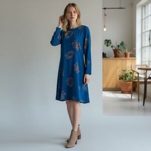 Ann Taylor LOFT Petite Blue Sunburst Print Long Sleeve A-Line Dress Size 6P